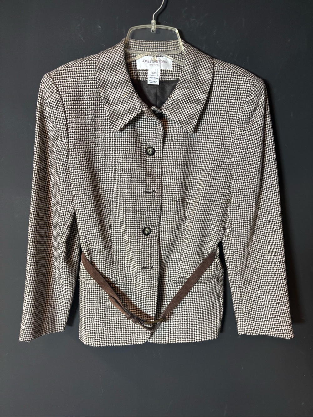 VTG Jones New York 100% Wool Brown Houndstooth Belted Blazer-6P